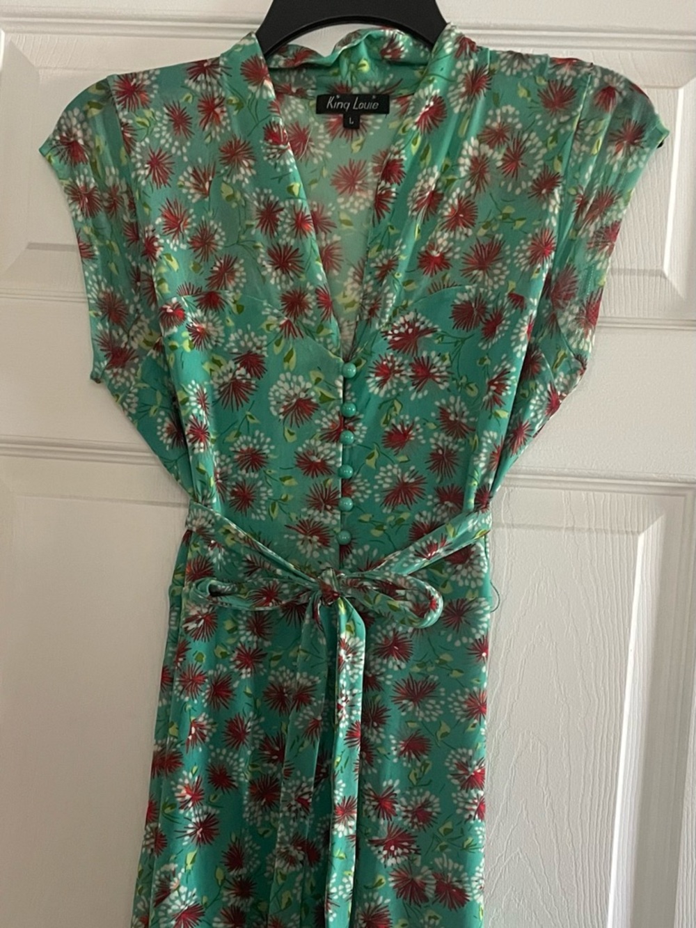 Vintage feel King Louie Teal Floral Midi Dress with Tie Waist